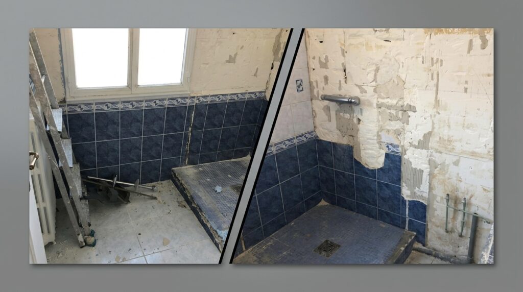 L'étape de dépose de l'ancien carrelage d'une salle de bain rénovée dans le Val-de-Marne