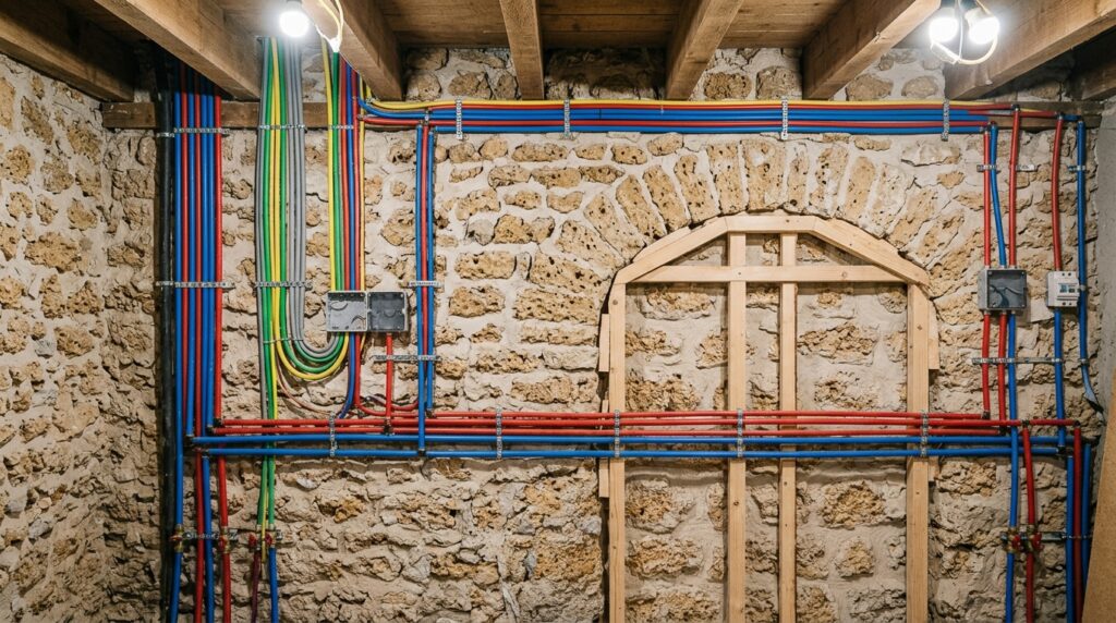 Cablage électrique et plomberie en sous-sol. Maison en meulière.